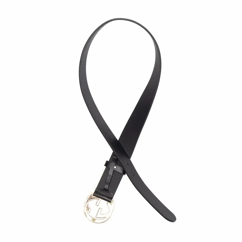 570$ GUCCI Black Leather Belt Gold-Tone Textured Interlocking GG Buckle 85/34